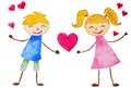 Funny Valentine card. Cartoon girl and boy giving a heart for love. Royalty Free Stock Photo