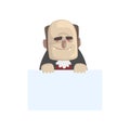 Funny vampire with blank sheet of paper. Cartoon count Dracula character with big teeth, red eyes and bald head. Flat