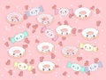 Funny vector background with cute cartoon donut and candy characters .