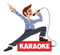 Funny vector cartoon character singing into microphone and posing. Mascot for karaoke bar, party, disco bar, night club. live musi Royalty Free Stock Photo