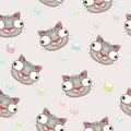 Funny vector childish seamless pattern with crazy cat faces. Royalty Free Stock Photo
