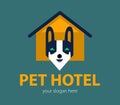 Funny vector composition with a house and a dog.Pet shelter logo. Grooming and washing logo design template. Pet Care salon sign