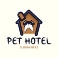 Funny vector composition with a house and a dog.Pet shelter logo. Grooming and washing logo design template. Pet Care salon sign