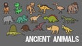 Funny vector cute ancient animal icon set. Ice age stickers. Dinosaur web element characters.