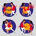 Funny vector figures dancing in various poses on vinyl background