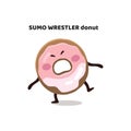 Funny vector flat cartoon kid`s character sticker, illustration, mascot, icon, emoji of pink glazed sumo wrestler donut