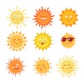 Funny vector hand drawn suns. Cute sun emoticons icons set. Summer sunny faces emoji collection. Royalty Free Stock Photo