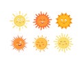 Funny vector hand drawn suns. Cute sun emoticons icons set. Summer sunny faces emoji collection. Royalty Free Stock Photo