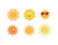 Funny vector hand drawn suns. Cute sun emoticons icons set. Summer sunny faces emoji collection. Royalty Free Stock Photo