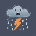Funny vector icon of angry dark raining striking thundercloud. Royalty Free Stock Photo