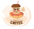 Funny vector illustration of cartoon character coffee cup wore a donut. Coffee shop concept