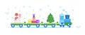 Funny vector illustration with Christmas train carries Christmas tree, snowman with broom, gifts. Happy New Year 2019, Christmas