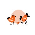 Funny vector illustration of cock, hen and chicken. Royalty Free Stock Photo