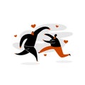 Funny vector illustration of couple in love running to each other.