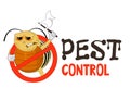 Funny vector illustration of pest control logo for fumigation business. Comic locked colorado potato beetle surrenders. Royalty Free Stock Photo