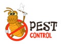 Funny vector illustration of pest control logo for fumigation business. Comic locked flea. Design for print, emblem, t-shirt. Royalty Free Stock Photo