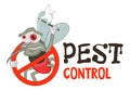 Funny vector illustration of pest control logo for fumigation business. Comic locked mosquito. Design for print, emblem, t-shirt.