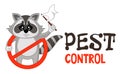 Funny vector illustration of pest control logo for fumigation business. Comic locked raccoon surrenders. Design for print, emblem.