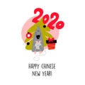 Funny vector illustration of rat with christmas tree and gift box. 2020 year symbol. Quote Happy Chinese New Year