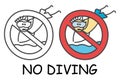 Funny vector jumping stick man with a diving Mask in children`s style. No diving no pool jump sign red prohibition. Stop symbol.