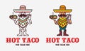 A funny vector Mexican man in a sobmrero and a mustache serves delicious hot tacos.