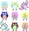 Funny vector owls with multi-colored, bright colors and multi-colored eyes. Royalty Free Stock Photo