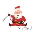 Funny vector Santa Claus sits tangled in a garland.