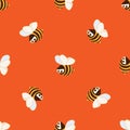 Funny cartoon angry orange yellow bees on bright orange background kids vector seamless pattern Royalty Free Stock Photo