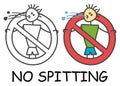 Funny vector spitting stick man in children`s style. No spitting sign red prohibition. Stop symbol. Prohibition icon sticker. Royalty Free Stock Photo
