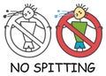 Funny vector spitting stick man in children`s style. No spitting sign red prohibition. Stop symbol. Prohibition icon sticker.