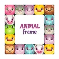 Funny vector square frame with comic cartoon animal faces. Royalty Free Stock Photo