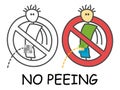 Funny vector standing stick man peeing in children`s style. No urinating no pee sign red prohibition. Stop symbol. Royalty Free Stock Photo