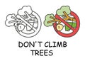 Funny vector stick man in children`s style. Don`t climb trees sign red prohibition. Stop symbol. Prohibition icon sticker for