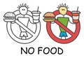 Funny vector stick man with a hamburger and drink in children`s style. No eating no fastfood sign red prohibition. Stop symbol.