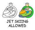 Funny vector stick man on Jet Ski in children`s style. Allowed waverunner sign green. Not forbidden symbol. Sticker or icon for