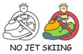 Funny vector stick man on Jet Ski in children`s style. Ban on spam sign red prohibition. Stop symbol. Prohibition icon. Royalty Free Stock Photo