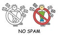Funny vector stick man and many letters in children`s style. Ban on spam sign red prohibition. Stop symbol. Prohibition icon Royalty Free Stock Photo