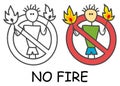 Funny vector stick man with a matchestick in children`s style. No fire no campfire sign red prohibition. Stop symbol. Royalty Free Stock Photo