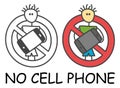 Funny vector stick man with a mobile in children`s style. No cell phone no telephone sign red prohibition. Stop symbol.
