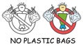 Funny vector stick man with a plastic bag in children`s style. No plastic pollution sign red prohibition. Stop symbol. Royalty Free Stock Photo