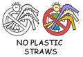 Funny vector stick man with Plastic straws in children`s style. Ban sign red prohibition. Stop symbol. Prohibition icon sticker Royalty Free Stock Photo