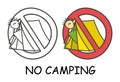 Funny vector stick man sitting in a tent in children`s style. No camping sign red prohibition. Stop symbol. Prohibition icon Royalty Free Stock Photo