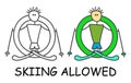 Funny vector stick man with a skis in children`s style. Allowed skiing sign green. Not forbidden symbol. Sticker or icon for area