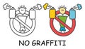 Funny vector stick man with a spray in children`s style. No graffiti no aerosol sign red prohibition. Stop symbol.