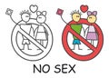 Funny vector stick man with a woman in doodle style. No sex no love sign red prohibition. Stop symbol. Prohibition icon sticker. Royalty Free Stock Photo