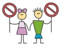 Funny vector stick man and woman Holds A stop Sign in children`s style. No way sign red prohibition.  Stop symbol. Prohibition Royalty Free Stock Photo