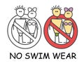 Funny vector stick man and woman in a swimsuit and swimming trunks in children`s style. Do not enter in underwear sign red