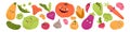 Funny vegetable characters with cute happy faces, kawaii emotions. Fun comic food set. Smiling carrot, tomato, broccoli Royalty Free Stock Photo