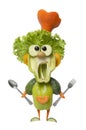 Funny vegetable cook with fork and spoon