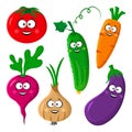 Funny vegetable emoticon. Tomato, cucumber, carrot, beetroot or radish, eggplant, onion. Vector illustration